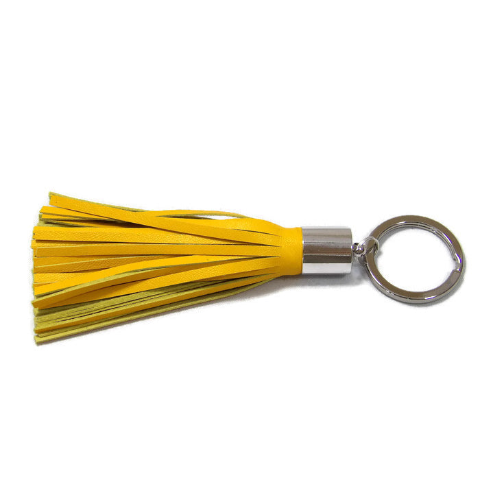 Yellow Lambskin Leather Tassel Keychain with Rhodium Plated Brass Top Free Gift Wrap
