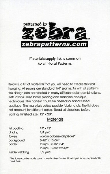 Zebra Patterns Bird of Paradise Tropical Flower Applique Quilt Pattern Back Cover