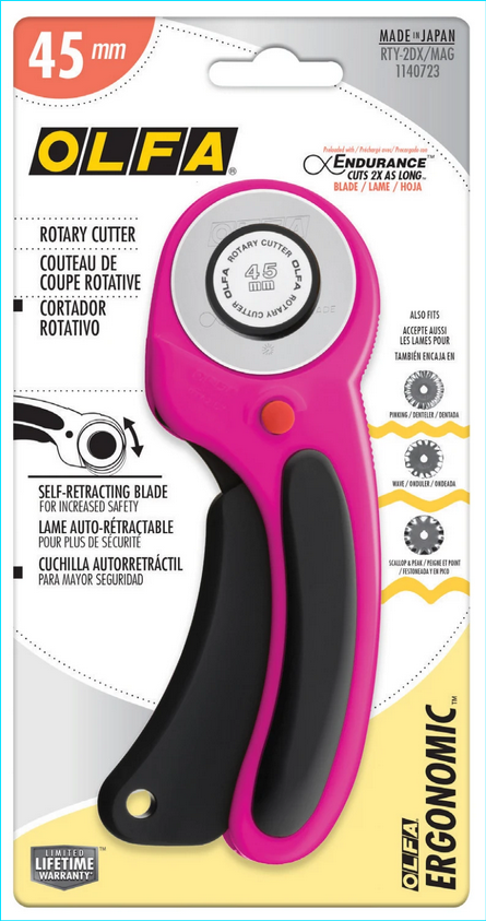 Olfa Magenta 45mm Ergonomic Rotary Cutter RTY-2DX-MAG Packaged