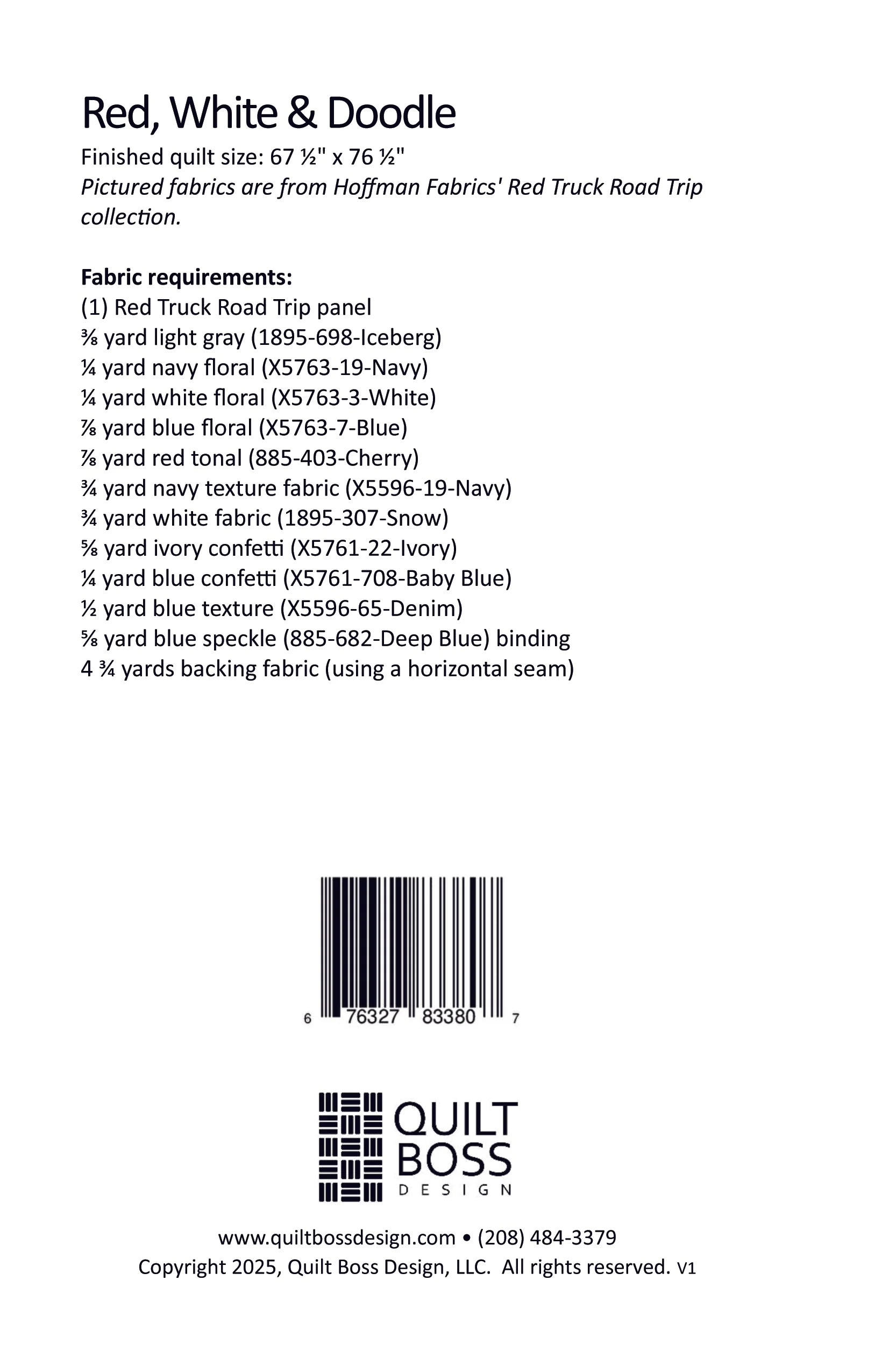 Quilt Boss Design Red White & Doodle Patriotic Traditional Quilt Kit Back Cover