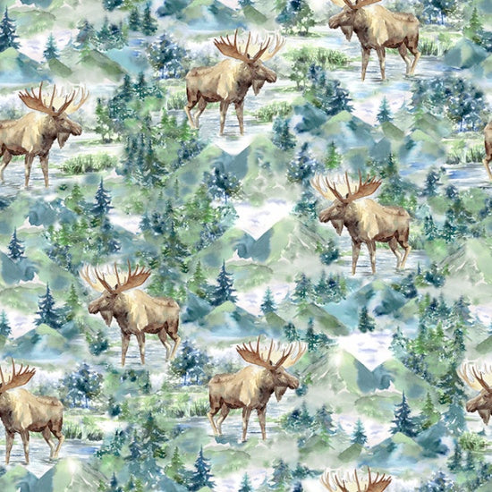 Hoffman Fabrics Cabin in the Woods Moose Cotton Fabric V5256-367-Aspen