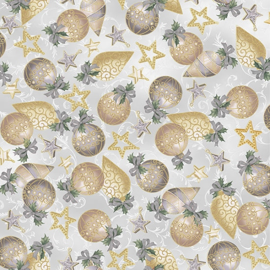 Hoffman Fabrics Holiday Elegance Gray Gold Ornaments Cotton Fabric V7168-674G-Gray-Gold
