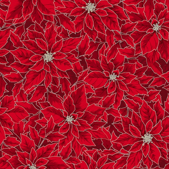 Hoffman Fabrics Holiday Elegance Crimson Silver Poinsettia Cotton Fabric V7172-10S-Crimson-Silver