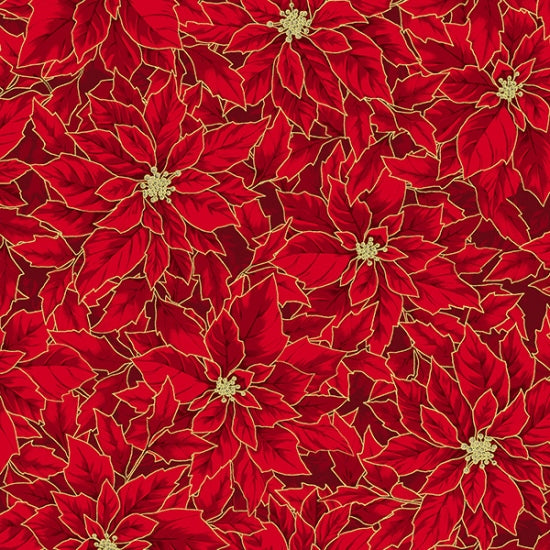 Hoffman Fabrics Holiday Elegance Scarlet Gold Poinsettia Cotton Fabric V7172-78G-Scarlet-Gold