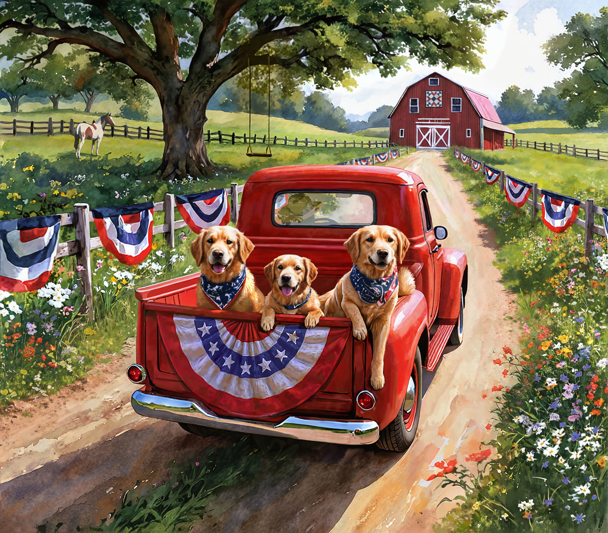 Hoffman Fabrics Red Truck Road Trip Cotton Panel