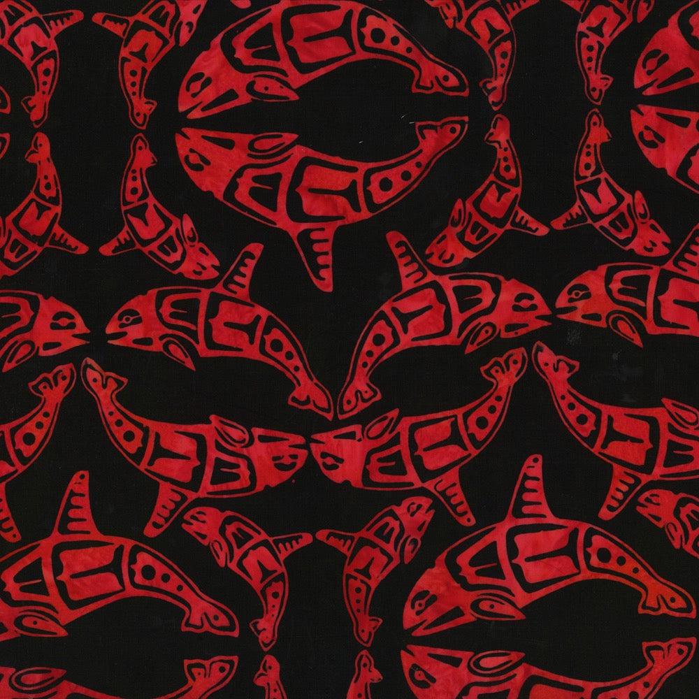 Hoffman Fabrics Red Totemic Whales Batik Fabric F2098-5-Red
