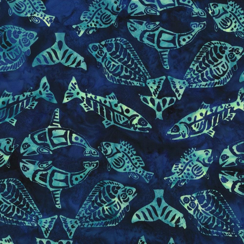 Hoffman Fabrics Navy Totemic Fish Batik Fabric F2099-19-Navy