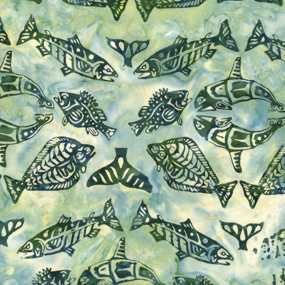 Hoffman Fabrics Seagrass Totemic Fish Batik Fabric F2099-522-Seagrass