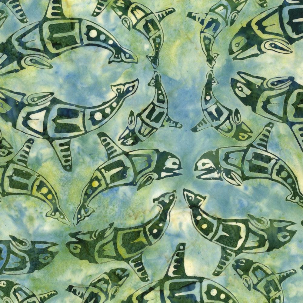 Hoffman Fabrics Seagrass Totemic Whales Batik Fabric F2098-522-Seagrass