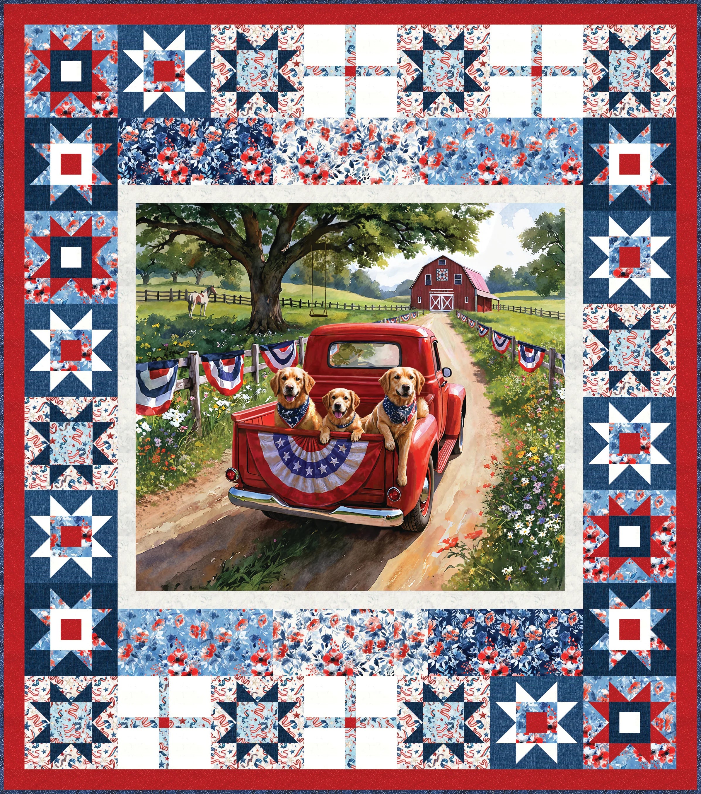 Quilt Boss Design Red White & Doodle Patriotic Traditional Quilt Kit