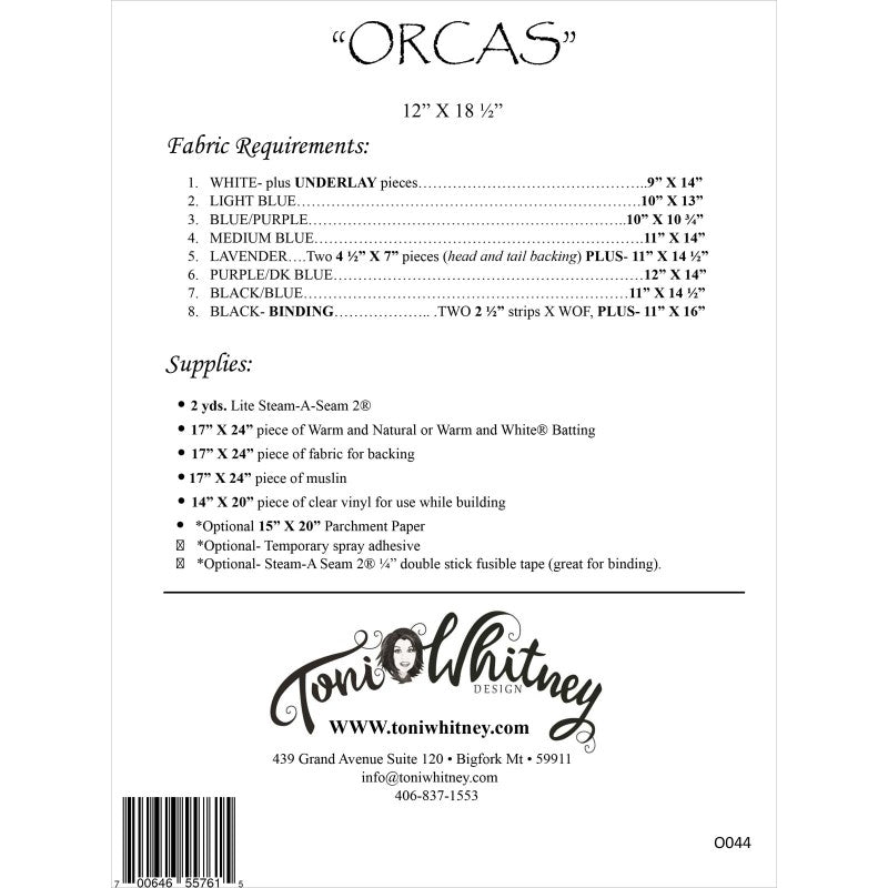 Toni Whitney Design Orcas Whale Applique Quilt Pattern Back Cover