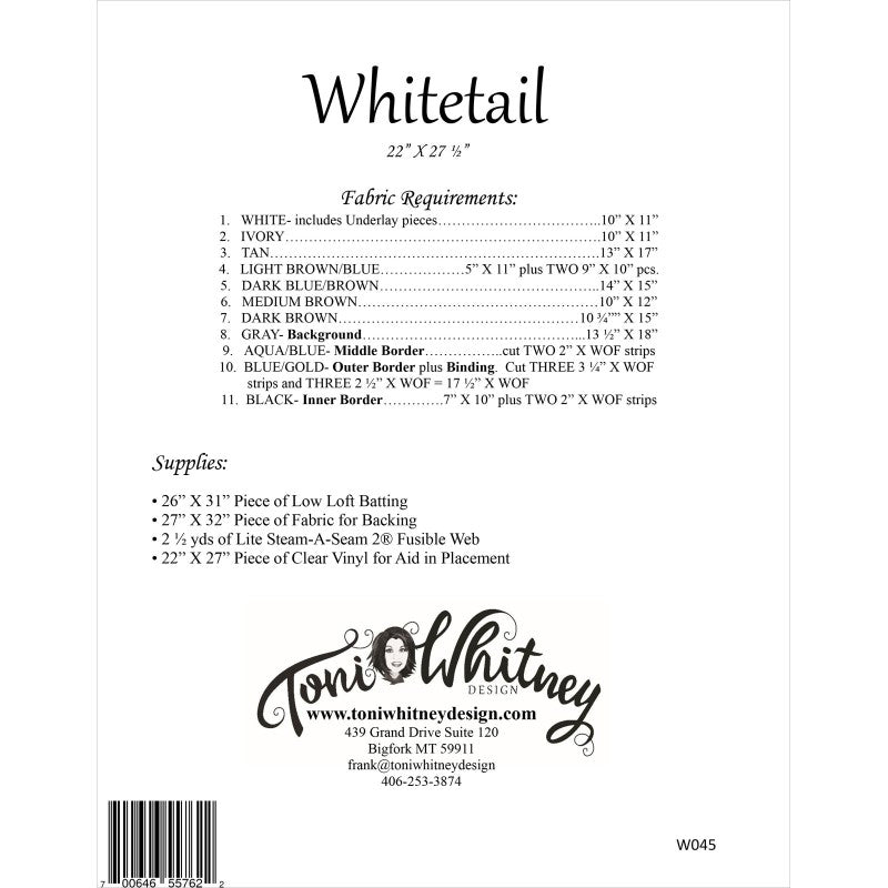 Toni Whitney Design Whitetail Deer Applique Quilt Pattern Back Cover