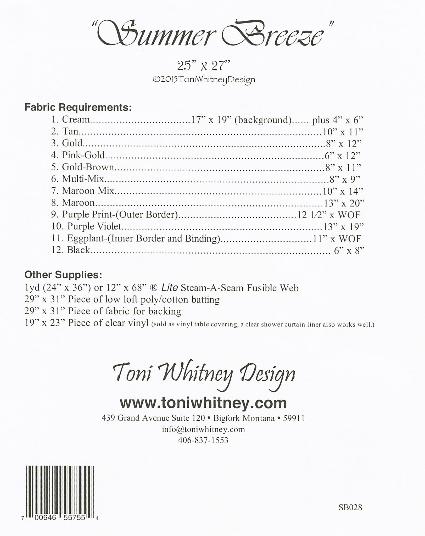 Toni Whitney Design Summer Breeze Horse Applique Quilt Pattern 