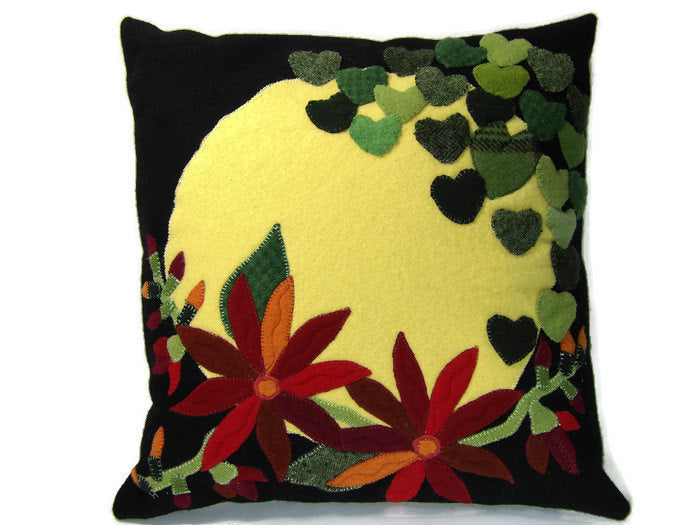 Sunny Hearts and Hot Flowers Felted Wool Throw Pillow Size 14 x 14
