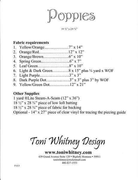 Toni Whitney Design Poppies Applique Quilt Pattern Back Cover