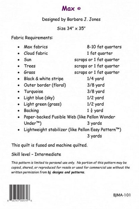 BJ Designs & Patterns Max the Bulldog Dog Applique Quilt Pattern Back Cover