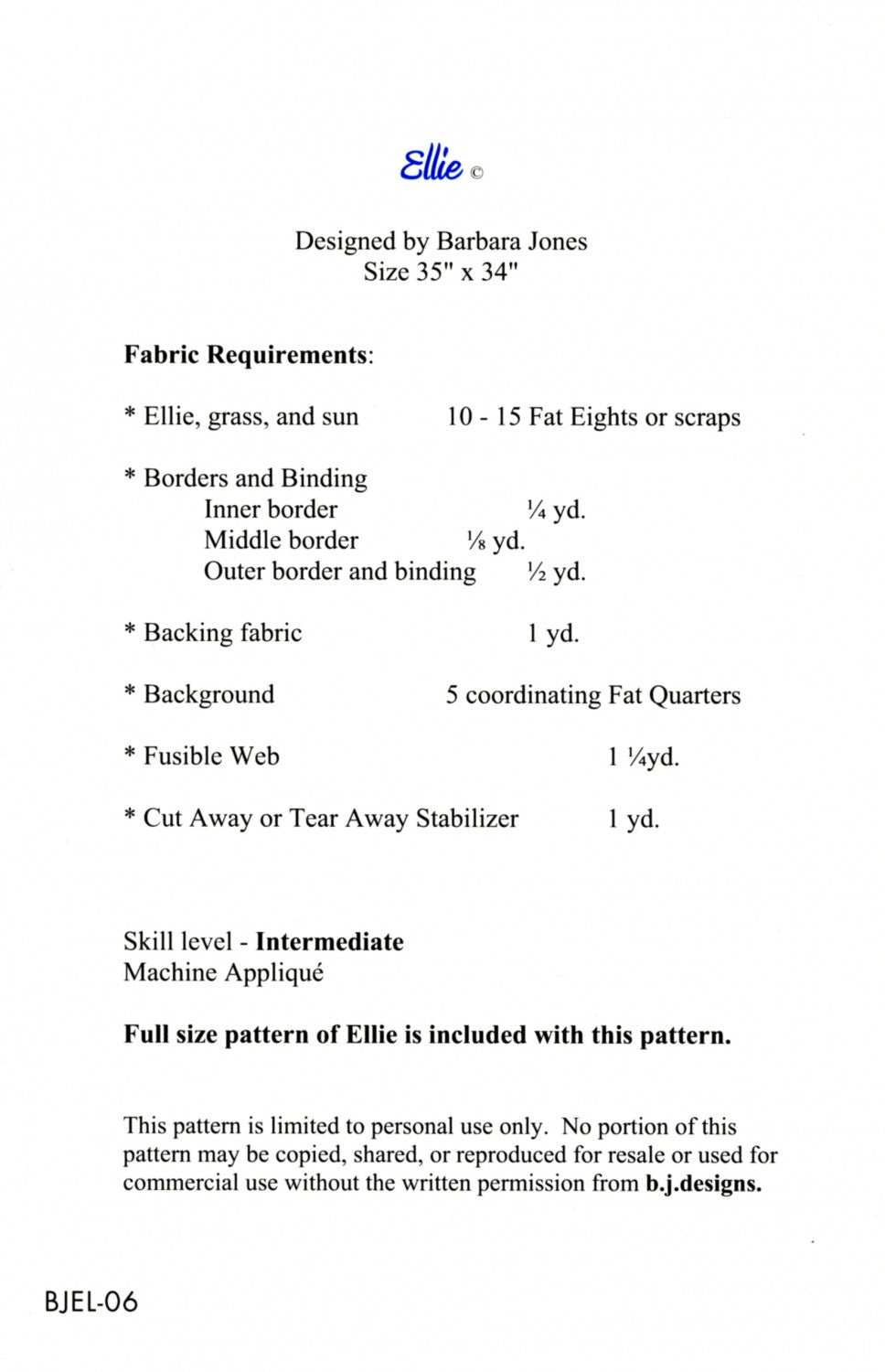 BJ Designs & Patterns Ellie Elephant Applique Quilt Pattern Back