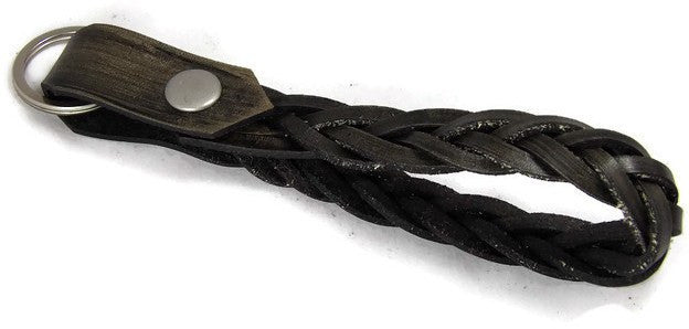 Smoke Black Braided Leather Loop Snap Key Chain with Nickel Matte Hardware 
