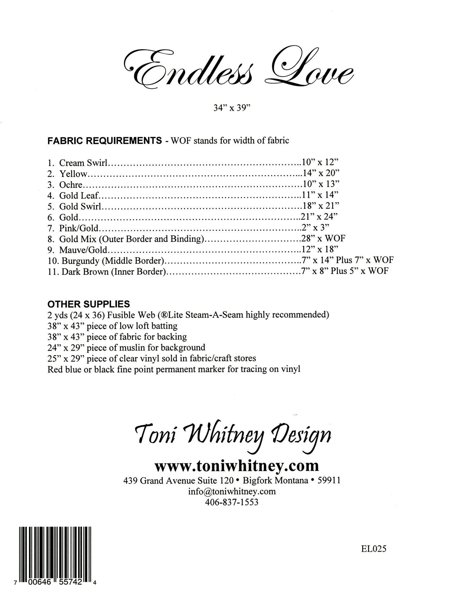 Toni Whitney Design Endless Love Applique Quilt Pattern Back Cover