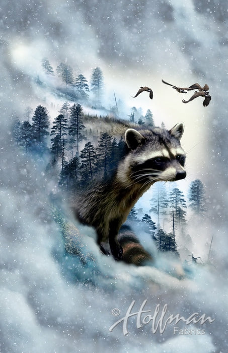Hoffman Fabrics Call of the Wild Raccoon Cotton Panel P4398-176-Ice