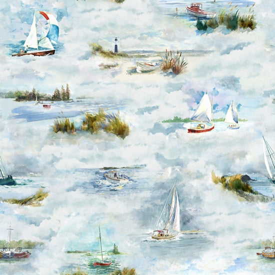 Hoffman Fabrics Seabreeze Boats Shoreline Stories S4799-207-Seabreeze