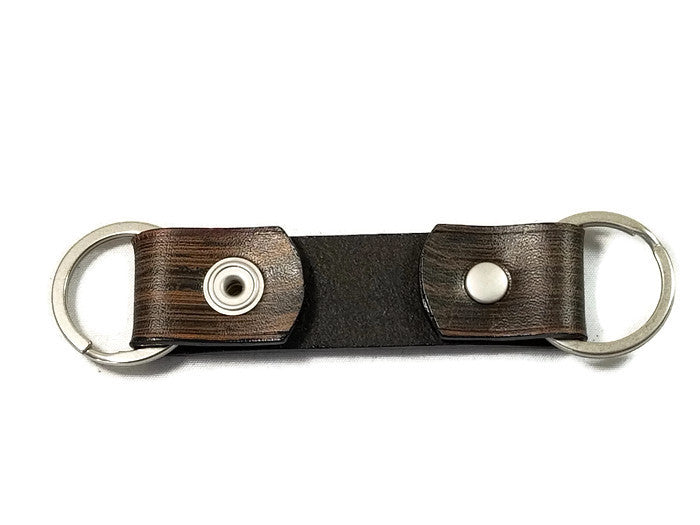 Modern Wood Grain Smoke Black Valet Double Ring Leather Key Chain
