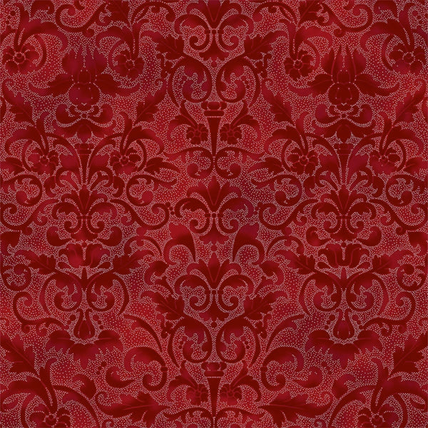 Hoffman Fabrics Joyful Traditions Damask Silver Metallic Cotton Fabric T7752-10S-Crimson-Silver