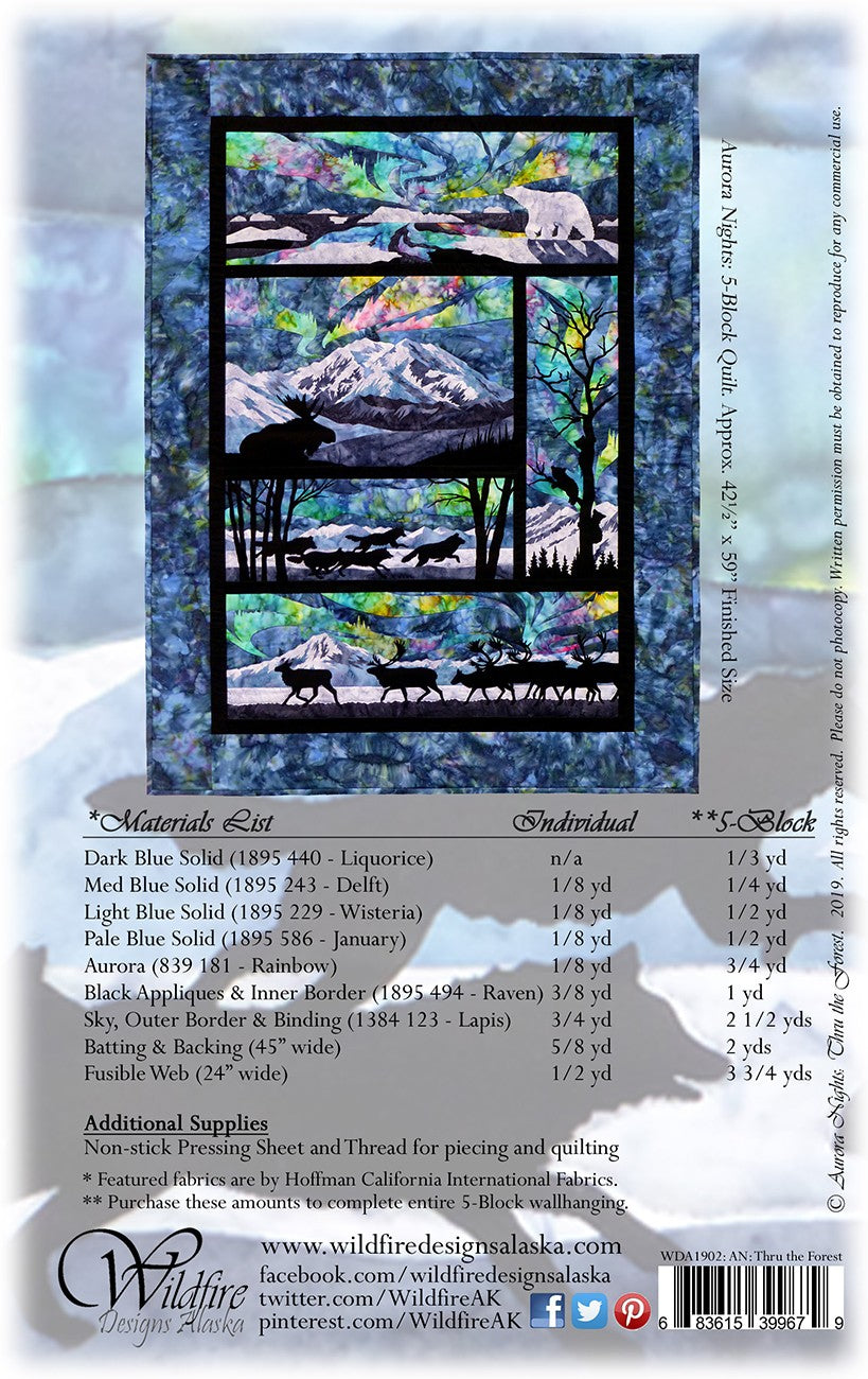 Wildfire Designs Alaska Aurora Nights Thru the Forest Applique Quilt Pattern Back Cover