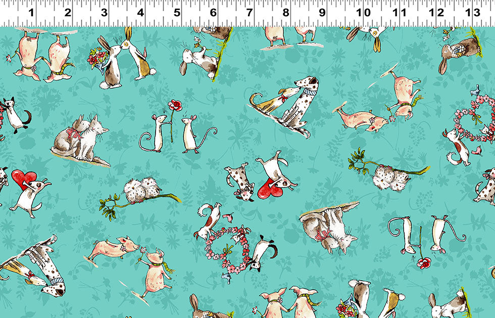Clothworks From the Heart Animal Friends Turquoise Cotton Fabric Y3358-101 Scale
