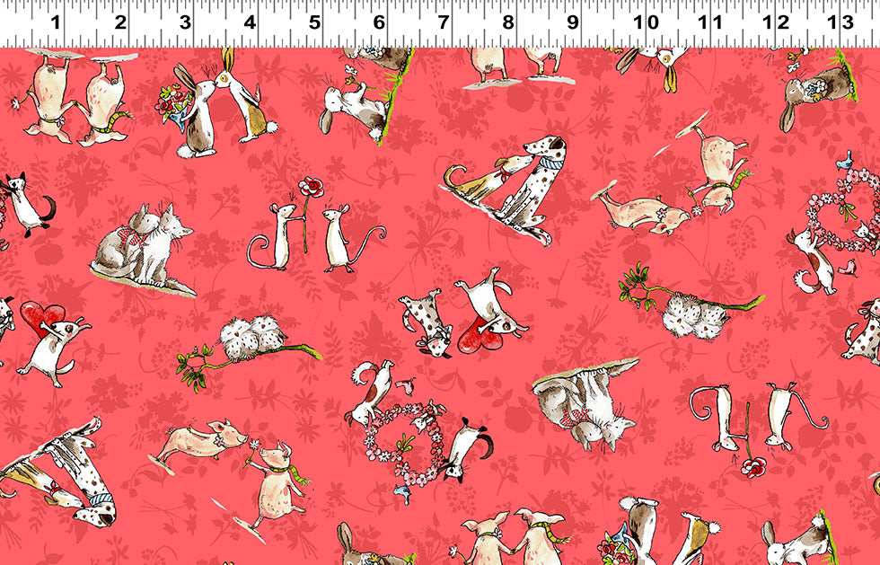 Clothworks From the Heart Animal Friends Dark Coral Cotton Fabric Y3358-40 Scale