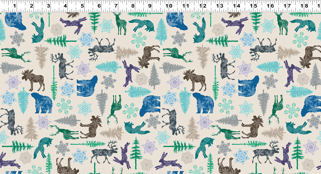 Clothworks Scandinavian Winter Arctic Party Light Khaki Cotton Fabric Y3617-11 Scale