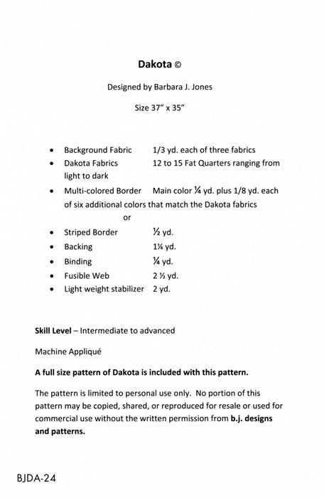 BJ Designs & Patterns Dakota Horse Applique Quilt Pattern Back Cover