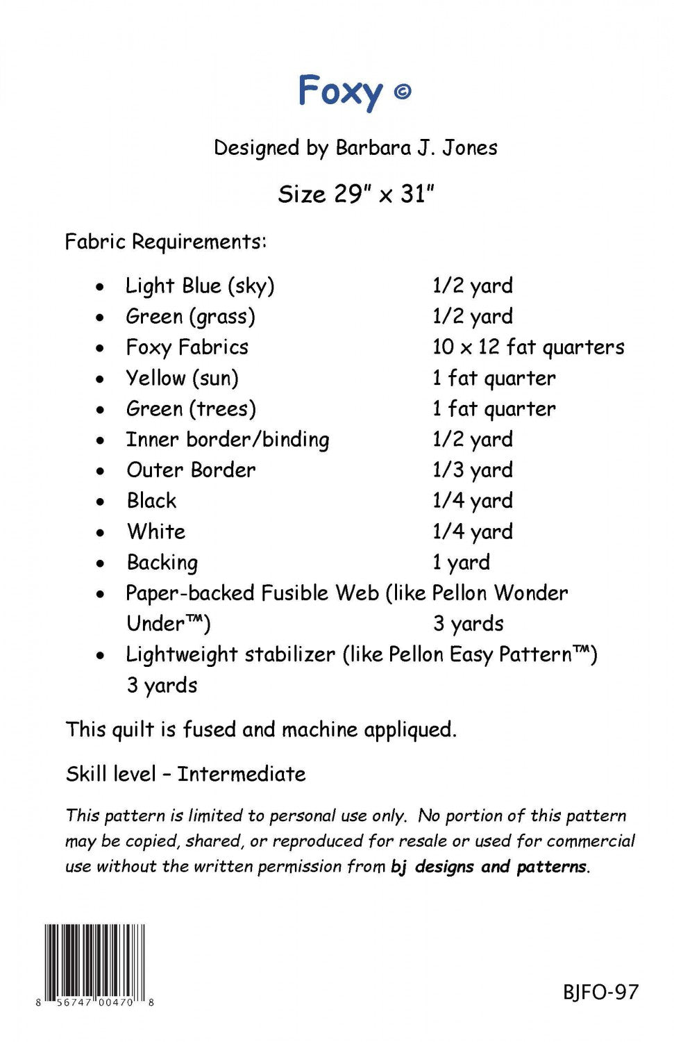 BJ Designs & Patterns Foxy Fox Applique Quilt Pattern Back