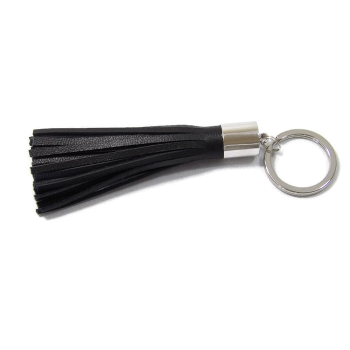 Black Lambskin Leather Tassel Keychain with Rhodium Plated Brass Top Free Gift Wrap