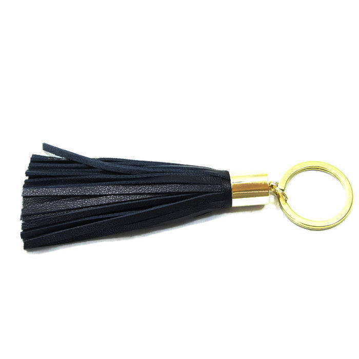 Dark Navy Blue Lambskin Leather Tassel Keychain with 14k Gold Plated Brass Top Free Gift Wrap