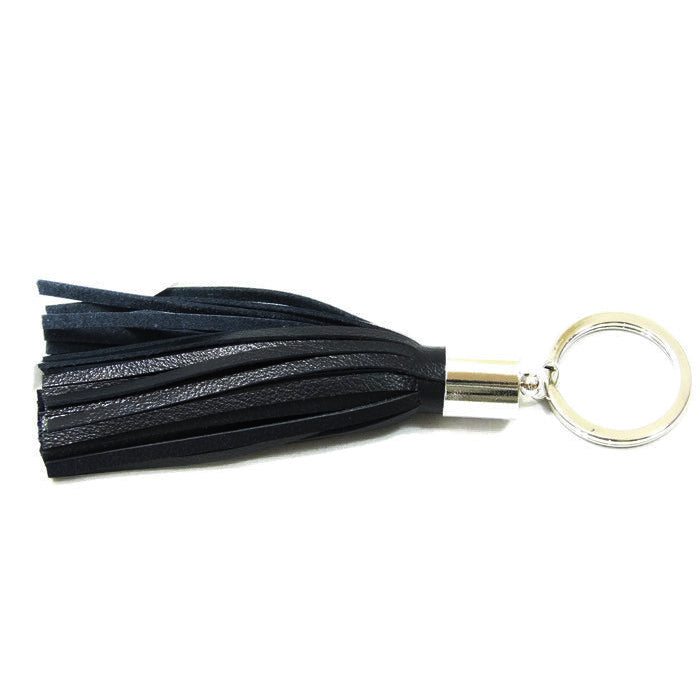 Dark Navy Blue Lambskin Leather Tassel Keychain with Rhodium Plated Brass Top Free Gift Wrap