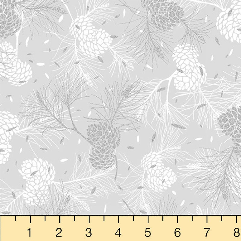Hoffman Fabrics Sparkle and Fade Pinecones Cotton Fabric R4567-674S-Light-Grey-Silver