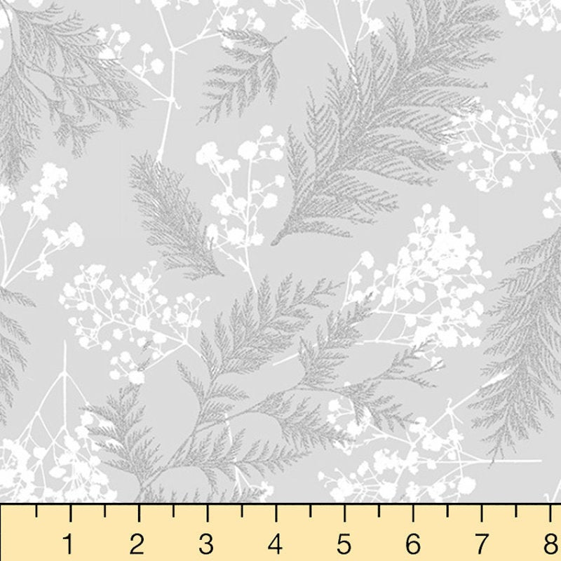 Hoffman Fabrics Sparkle and Fade Leaves with Flowers Cotton Fabric R4565-674S-Light-Grey-Silver