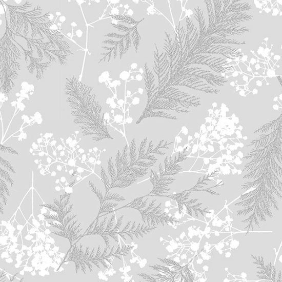 Hoffman Fabrics Sparkle and Fade Leaves with Flowers Cotton Fabric R4565-674S-Light-Grey-Silver
