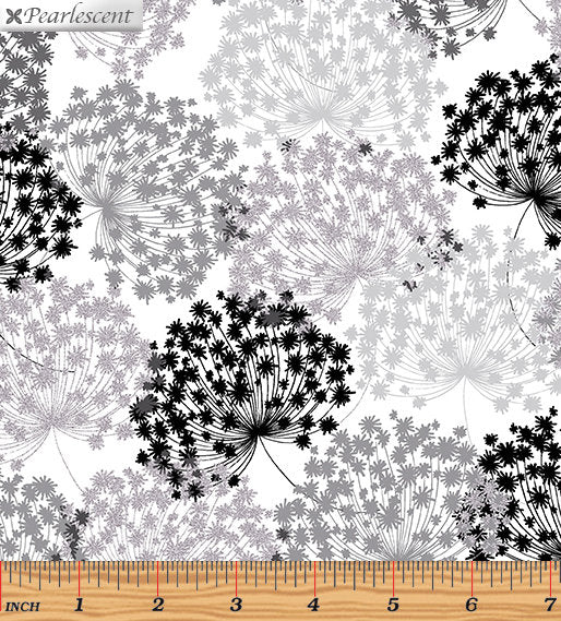 Kanvas Studio Midnight Wild Flower White Silver Metallic Cotton Fabric 7883P-09-White