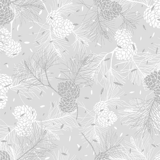 Hoffman Fabrics Sparkle and Fade Pinecones Cotton Fabric R4567-674S-Light-Grey-Silver