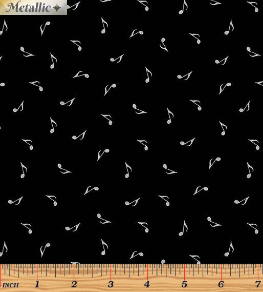 Kanvas Studio Music Notes Black Silver Metallic Cotton Fabric 7723M-12-Black-Silver