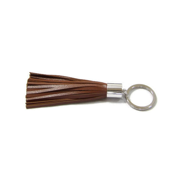 Mocha Brown Lambskin Leather Tassel Keychain with Rhodium Plated Brass Top Free Gift Wrap