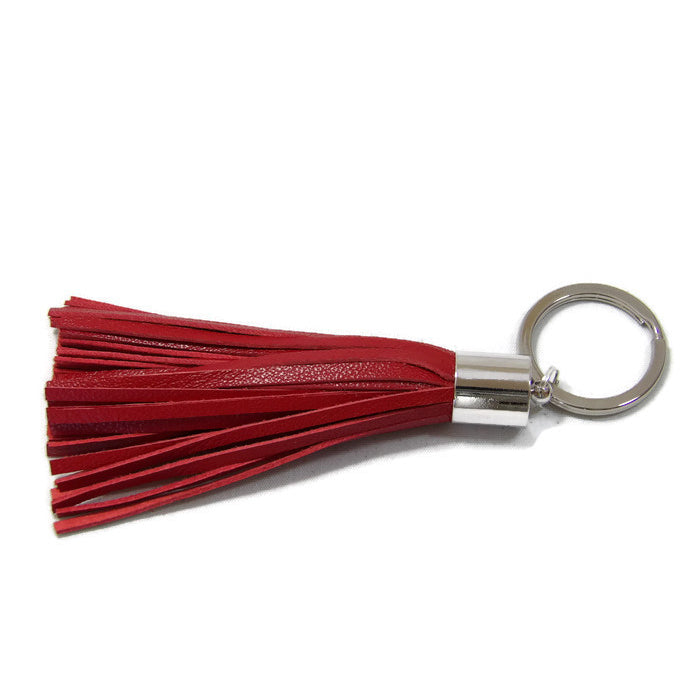 Red Lambskin Leather Tassel Keychain with Rhodium Plated Brass Top Free Gift Wrap