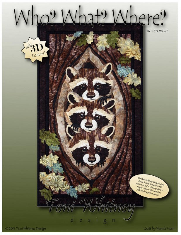 Toni Whitney Design Who What Where Raccoon Applique Quilt Pattern Front