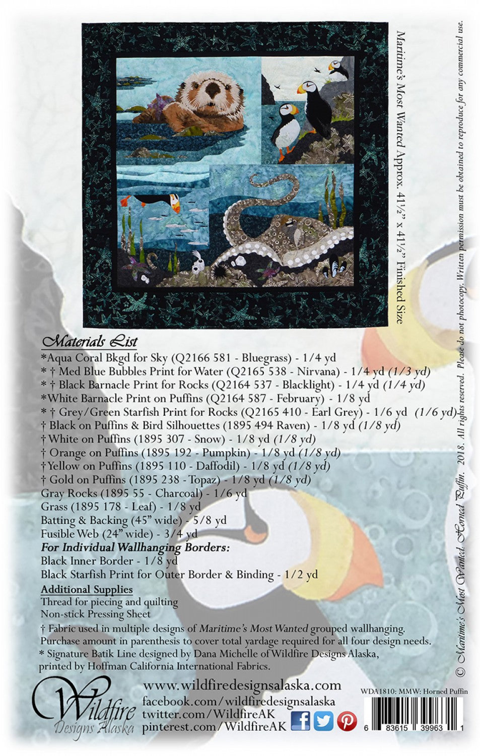 Wildfire Designs Alaska Maritime's Most Wanted Horned Puffin Applique Quilt Pattern Back Cover