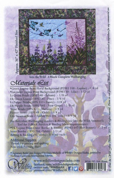 Wildfire Designs Alaska Into the Wild First Bloom Lupine Flower Wall Hanging Applique Quilt Pattern Back Cover