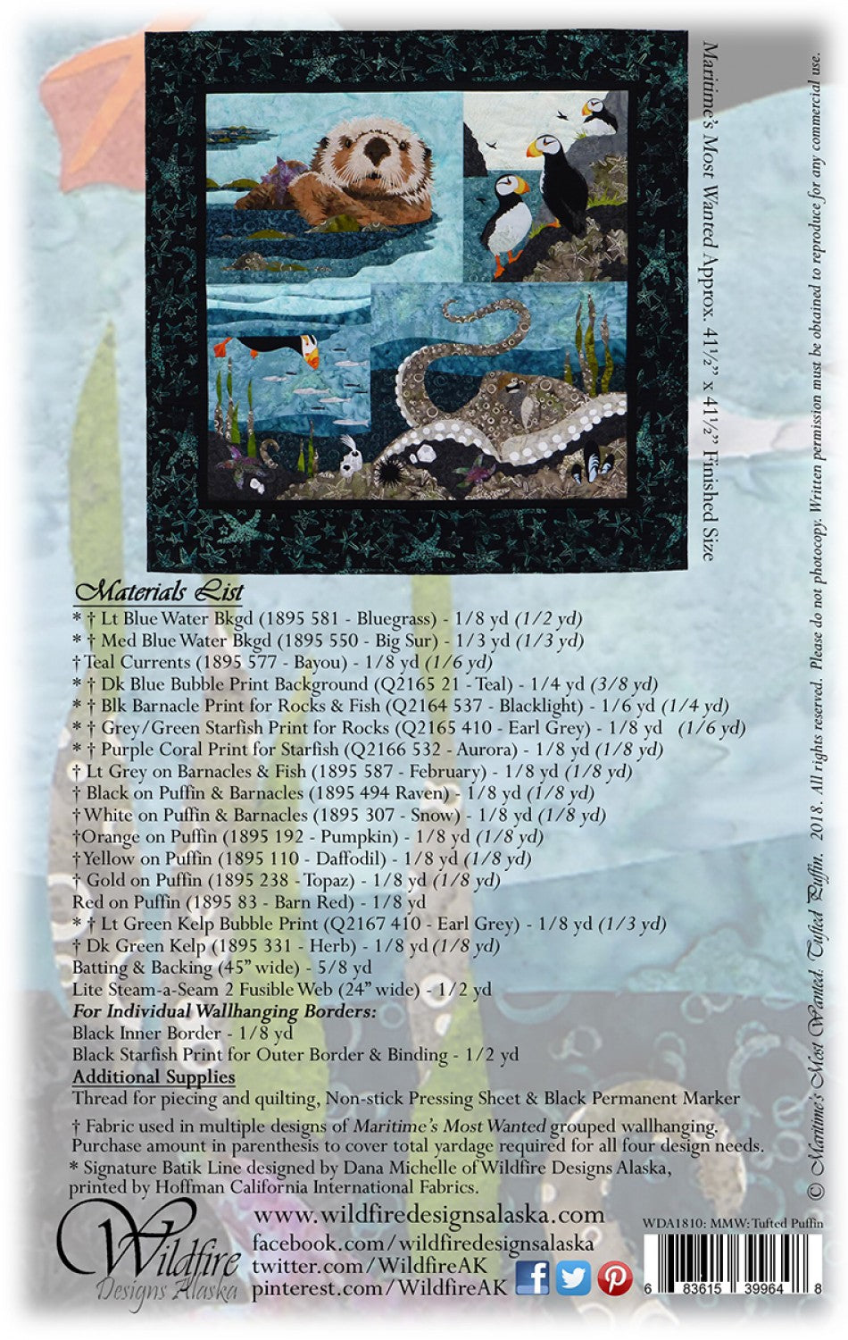 Wildfire Designs Alaska Maritime's Most Wanted Tufted Puffin Applique Quilt Pattern Back Cover