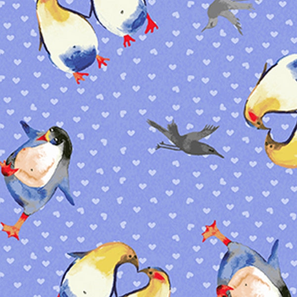 Clothworks Winter Love Periwinkle Purple Penguin Hearts Cotton Fabric Y2500-85