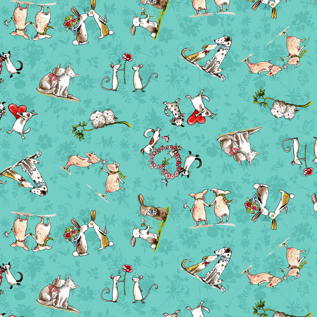 Clothworks From the Heart Animal Friends Turquoise Cotton Fabric Y3358-101
